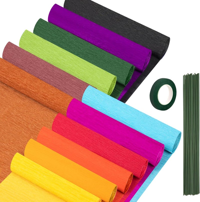 fuceury 12 Colors Crepe Paper Rolls, 10 x 98Inch Wide Crepe Paper Sheets with Floral Stem Wire and Green Floral Tapes for DIY Gift Wrapping Paper Crafts Birthday Wedding Holiday Paper Flower(Deep Colors) - Image 1